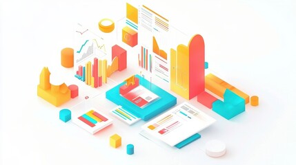 Poster - Dynamic isometric view of a business presentation, data report illustration, isolated on white background, bright colors, clear and informative