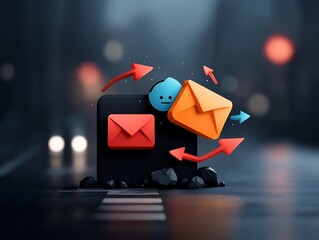 Poster - Abstract digital avatar and online communication icons like envelope and arrow set against a shadowy moody background with neon lit cyberpunk inspired cityscape environment
