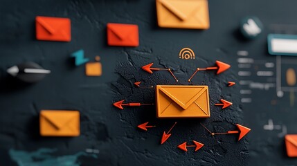 Poster - Digital depicting worldwide connectivity and networking symbolized by freehand user interface elements such as arrows and mail envelope icons on a dark cyberpunk inspired background