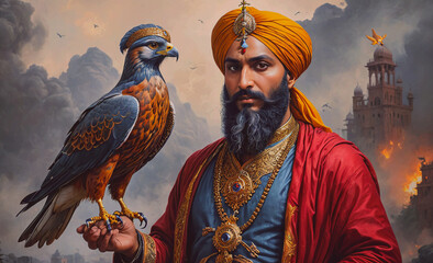 Poster - Man with a turban and a bird in his hand. The bird is a falcon