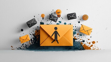 Poster - Worldwide Connectivity Metaphor with Hand Drawn Human Figure Message Icons Envelope Delicate Linework Watercolor Wash Minimalist Design Earthy Tones and Modernist Influence in Abstract Office Backdrop