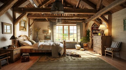 Poster - Cozy Rustic Bedroom with Wooden Beams, Large Window, and Warm Decor Serene Retreat Featuring Dresser and Decorative Plants for Relaxation.