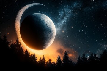 Poster - A silhouette of a telescope pointing toward the stars, with a crescent moon and minimalist constellations in the background