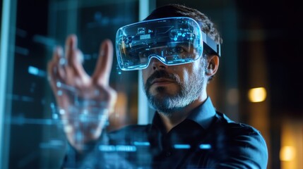 Man wearing VR headset interacts with holographic interface at night.