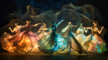 Poster - Enchanting Iridescent Silhouette Dancers Flowing and Swirling in a Visually Striking Shimmering Dreamscape Backdrop with a Luminous Celestial Night Sky