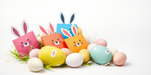 Wall Mural - Colorful Bunny Gift Boxes Surrounded by Easter Eggs in a Nest of Green Grass