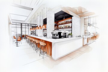 Poster - A stylized design of a single urban cafÃ© table under a string of hanging lights, drawn in muted tones with sleek edges