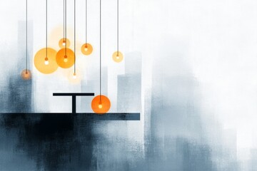 Poster - A stylized design of a single urban cafÃ© table under a string of hanging lights, drawn in muted tones with sleek edges