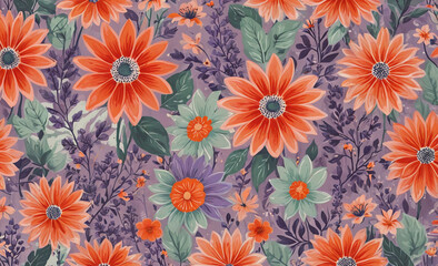 Aufkleber - Purple and orange floral pattern. The flowers are orange and green. The background is purple