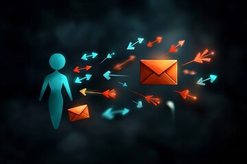 Poster - Digital artwork with simplified human form as the focal point surrounded by dynamic arrows in vivid hues connecting to various elements like mail envelope icon representing digital messaging