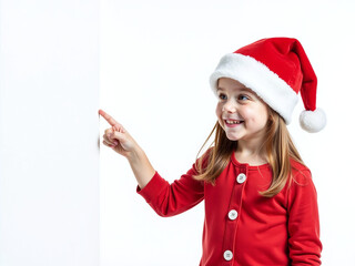 Poster - A Young Girl In A Santa Hat Is Pointing At A Banner Isolated On A Plain White Background To Promote A Sale. 00002
