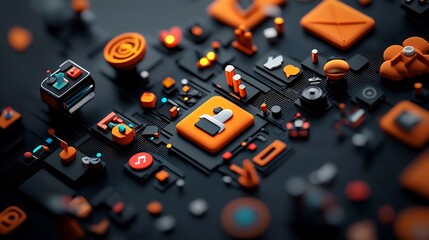 Poster - Intricate freehand metallic symbols and icons representing online community social networking and digital connectivity rendered in a moody cyberpunk inspired collage style with a dark