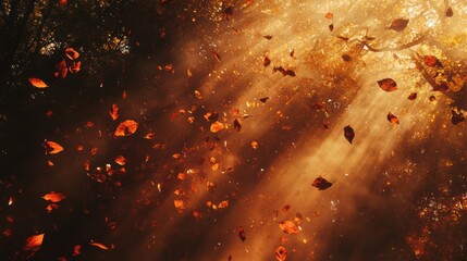 Aufkleber - Colorful autumn leaves falling softly in a tranquil forest with warm sunlight filtering through trees. Generative AI