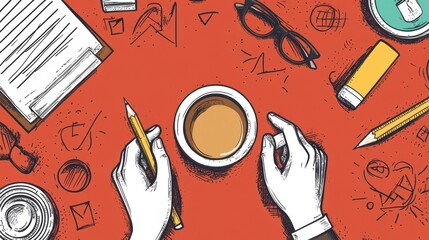 Poster - use this vector illustration to show writing hands with a cup of coffee, a pencil, and paper. it als