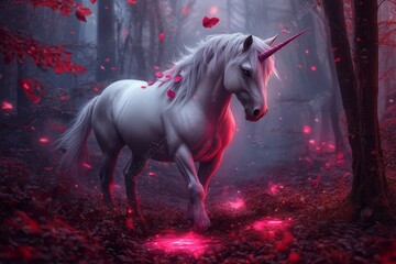 Poster - A unicorn walking through a mystical cave filled with glowing crystals and reflecting pools of light