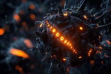 Poster - detailed 3d visualization of a virus structure with glowing spikes and rna strands illuminated in da