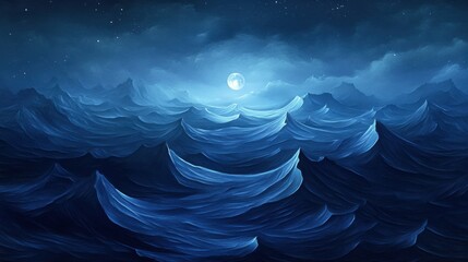 Wall Mural - Dark ocean waves at night with deep blue tones, soft moonlight reflection, mysterious and calm scene, smooth waves rippling gently, deep sea mood