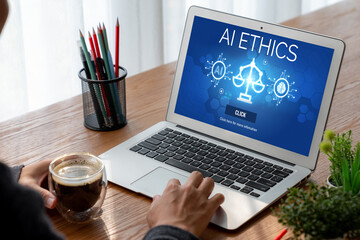 Poster - AI ethics responsibility standard law and rules on computer screen provide report of AI ethic transparency preventing technology crime. brisk
