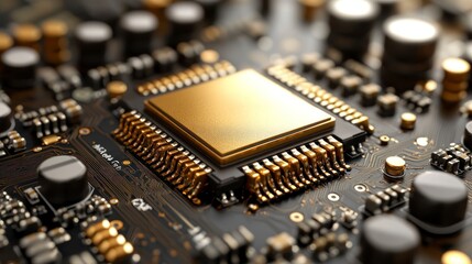 Wall Mural - Close-up of a gold microchip on a circuit board.