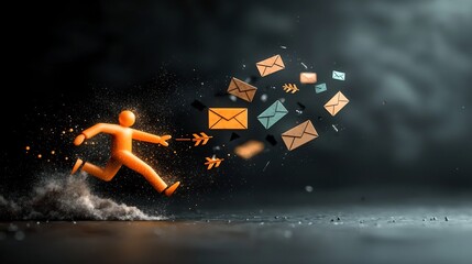 Poster - Dynamic digital figure with flowing motion interacting with arrows and mail envelope symbols showcasing the concept of worldwide connectivity and social media interaction in a cinematic