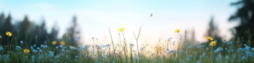 Sticker - A field of flowers with a blue sky in the background. The sky is clear and bright