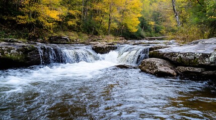 Poster - Tranquil Autumn River Scene with Flowing Water and Colorful Forest in Background : Generative AI