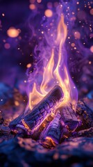 Wall Mural - purple and orange fire burning logs with sparks in the night creating a magical atmosphere