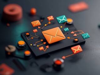 Poster - User Navigating a Dynamic Digital Landscape with Cyberpunk Inspired Mail Icon Connections and Abstract Shapes in a Neon Tinged Retrofuturistic Aesthetic