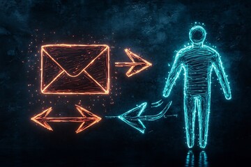 Poster - Symbolic visual metaphor showcasing a hand sketched human user envelope icon and fluid arrow elements on a dark sleek surface with a subtle glowing effect digital painting technique