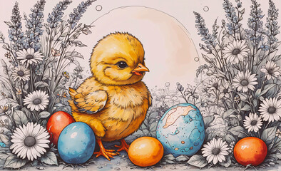 Poster - Yellow chick standing in front of a bunch of eggs. The eggs are in different colors and sizes