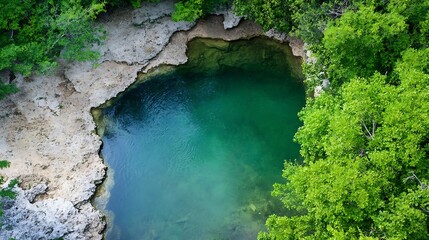 Poster - Aerial View of Pristine Turquoise Sinkhole Surrounded by Lush Greenery in Tropical Nature Setting : Generative AI