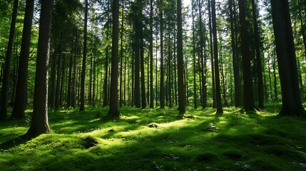Aufkleber - Lush Green Forest with Tall Trees and Sunlight Streaming Through the Canopy Creating a Serene Atmosphere : Generative AI