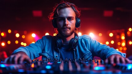 Poster - A DJ is passionately mixing music at a busy nightclub, surrounded by vibrant lights and an enthusiastic crowd enjoying the lively atmosphere of the late-night event.