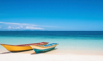 Tropical Getaway: Two vibrant fishing boats rest on a pristine, white-sand beach, their colorful hulls contrasting against the crystal-clear turquoise water and a brilliant blue sky.