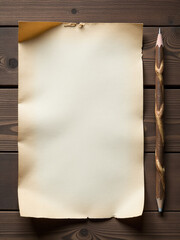 Wall Mural - a worn sheet of paper sits on a wooden table next to a pencil made from a twisted tree branch. 00002