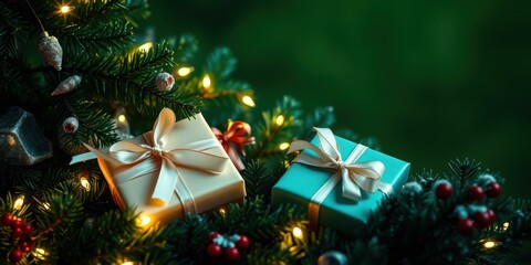 Poster - Two beautifully wrapped gifts rest beneath a twinkling Christmas tree, awaiting the joy of unwrapping.