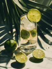 Wall Mural - Glass filled with chilled soda topped with cut limes, perfect for a warm day or social gathering.