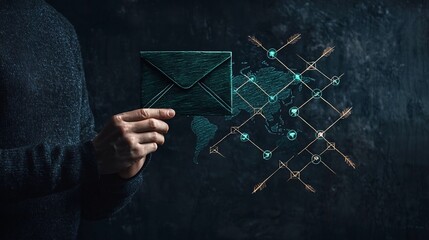 Poster - Freehand sketch of a person holding a mail envelope with intersecting arrows showcasing a worldwide social network concept set against a dark moody background rendered in a clean