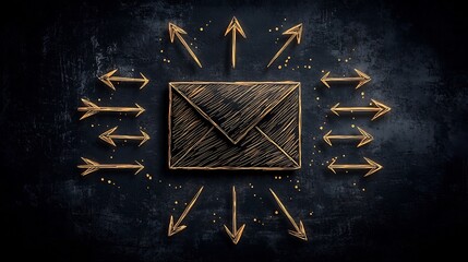 Poster - Conceptual digital depicting international networking and communication with a freehand sketched envelope icon and multiple arrow symbols arrayed on a dark