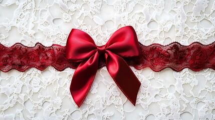 Wall Mural - Red ribbon bow on white lace fabric background