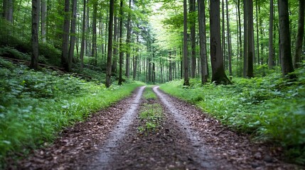 Aufkleber - Tranquil Forest Pathway Surrounded by Tall Lush Green Trees : Generative AI