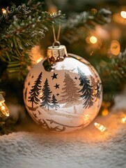 Wall Mural - White ornament with trees and stars on it sits on a white blanket. The scene is set in a wintery setting, with the tree branches covered in snow. The ornament is surrounded by lights