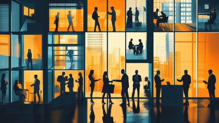 Poster - set of business illustrations with businesspeople interacting created with generative ai technology 