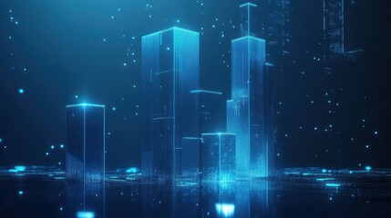 Poster - Abstract blue 3D bar graph illustrating business growth, data analytics, and financial strategy on a dark background. illustration