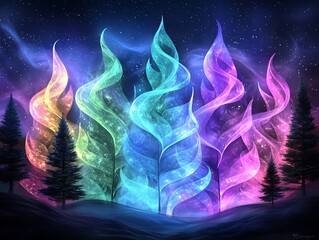 Poster - Enchanting abstract backdrop with graceful flowing iridescent silhouettes in a mesmerizing glimmering and lustrous starlit landscape scene