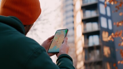 Poster - Tourist wearing orange beanie and green hoodie is using navigation app on smartphone in front of modern residential buildings, searching for destinations and planning route
