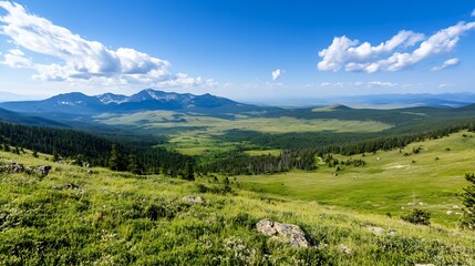 Aufkleber - Vast Mountain Landscape with Green Valley and Blue Sky Under Fluffy White Clouds in a Summer Day : Generative AI
