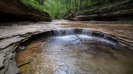 Poster - Tranquil forest creek with natural rock formation and gentle flowing water in lush green environment : Generative AI