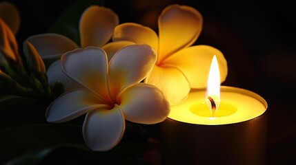 Wall Mural - Candlelight Illuminating White Plumeria Flowers