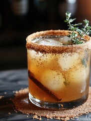 Wall Mural - Glass of drink with a cinnamon sugar rim and a sprig of thyme on top. The drink is served on a coaster